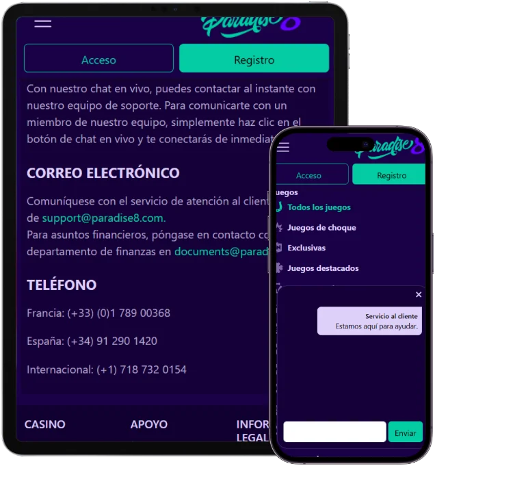 Paradise8 Casino Soporte y Contacto Paradise8 Casino página de soporte con contacto por correo, teléfono y chat en vivo